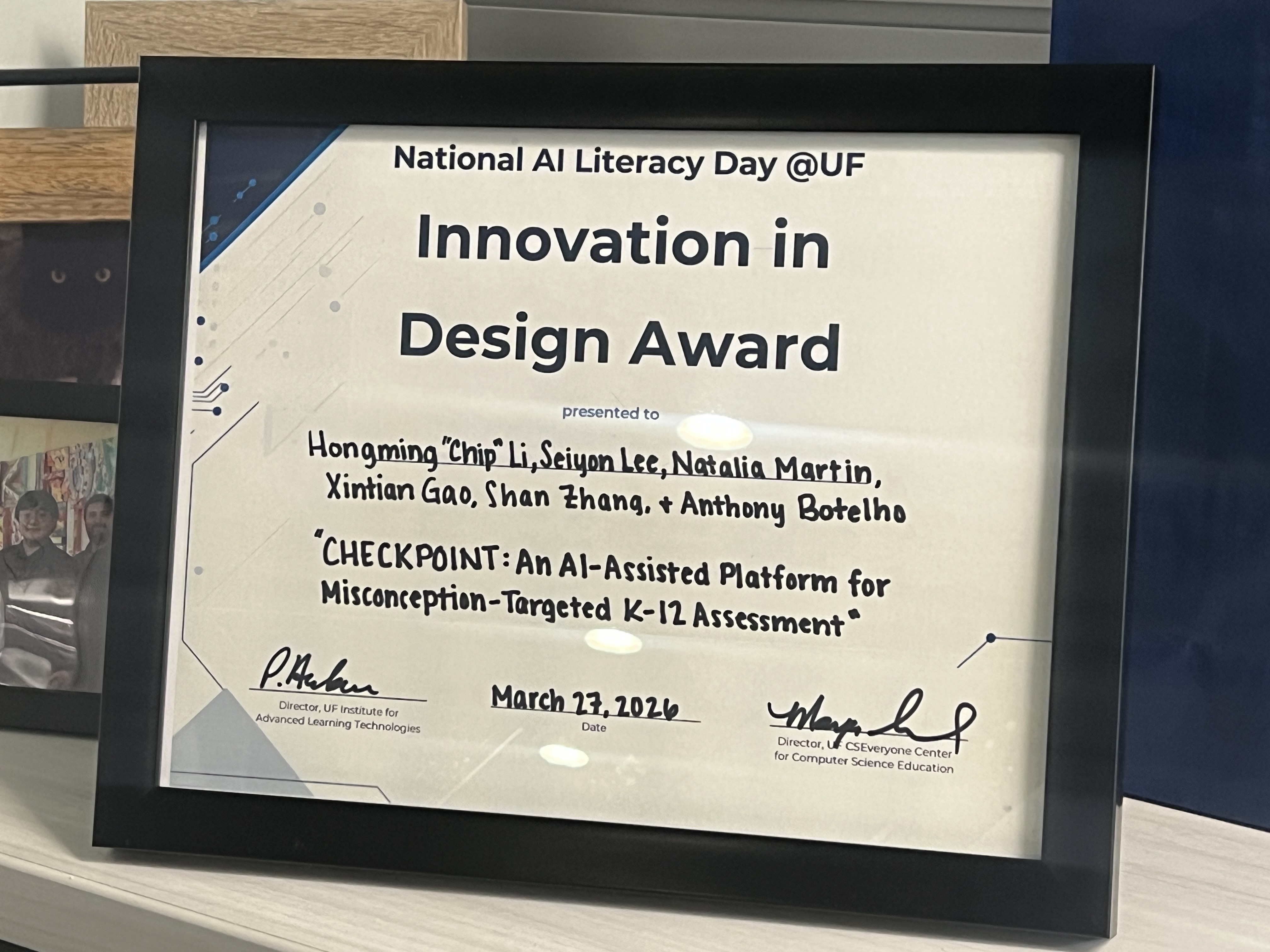Innovation in Design Award certificate for CHECKPOINT