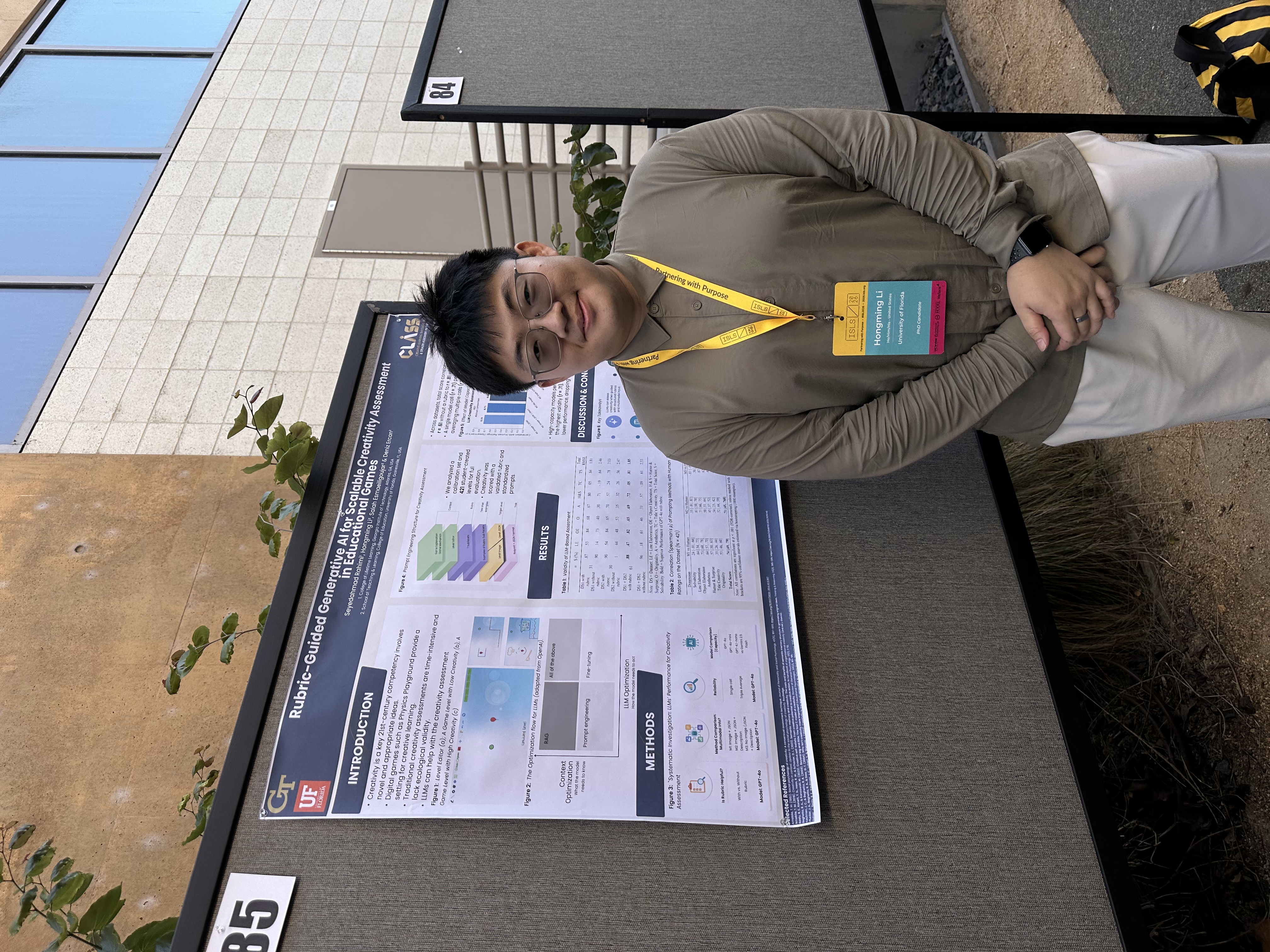 Chip Li presenting a poster on rubric-guided generative AI for creativity assessment