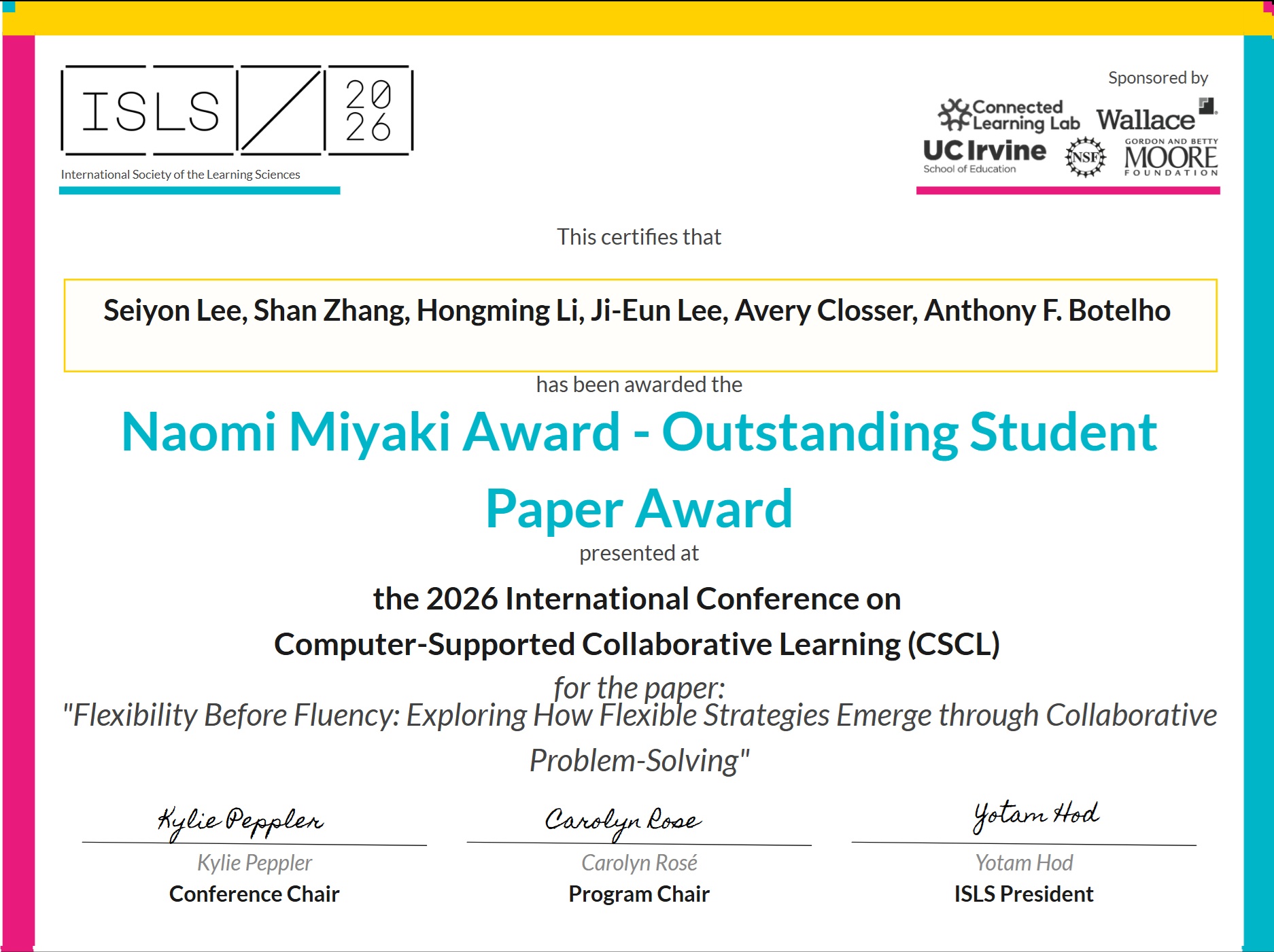 Naomi Miyake Award Outstanding Student Paper Award certificate for Flexibility Before Fluency