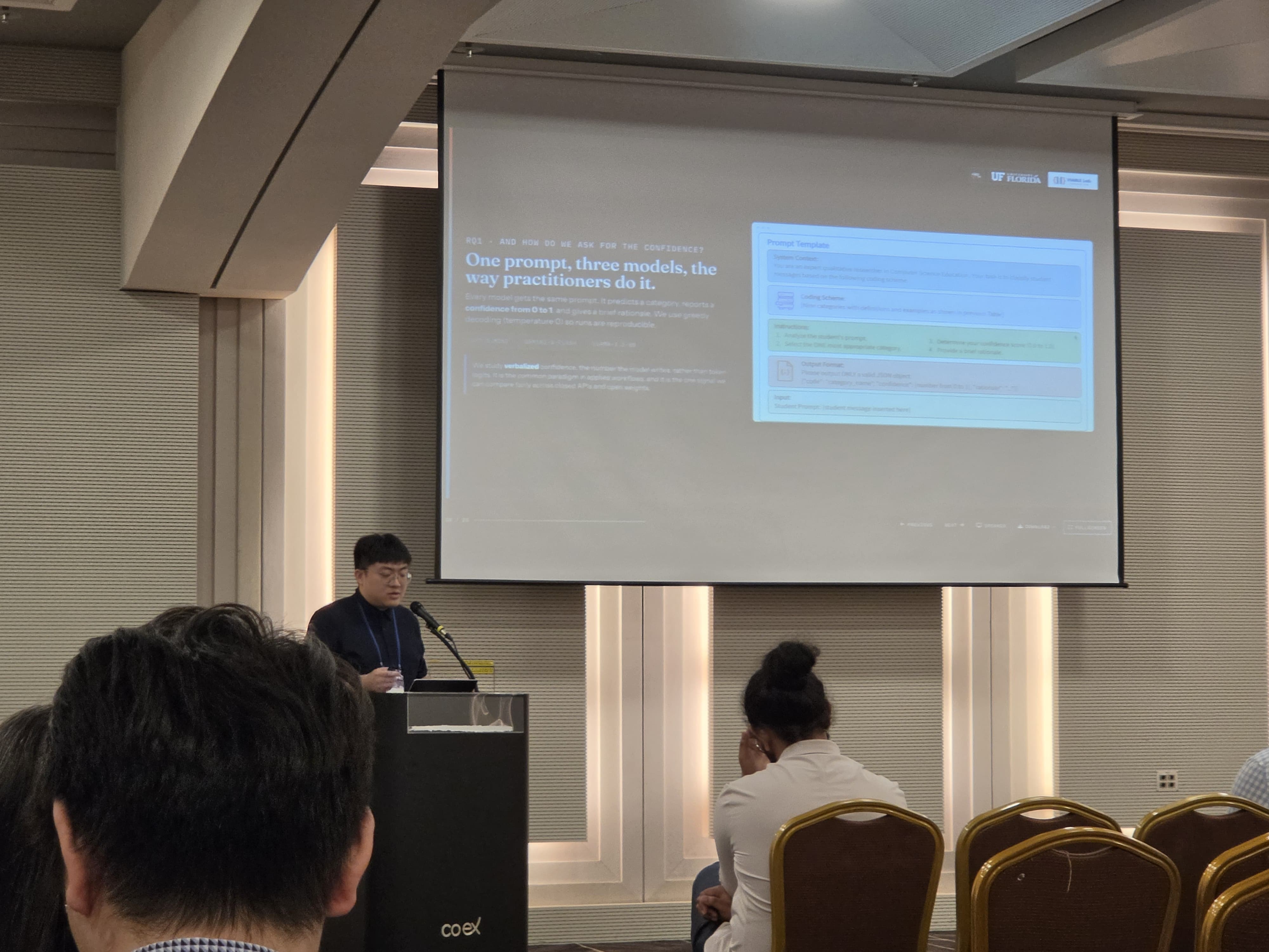 Chip Li presenting research on LLM confidence calibration in educational dialogue coding