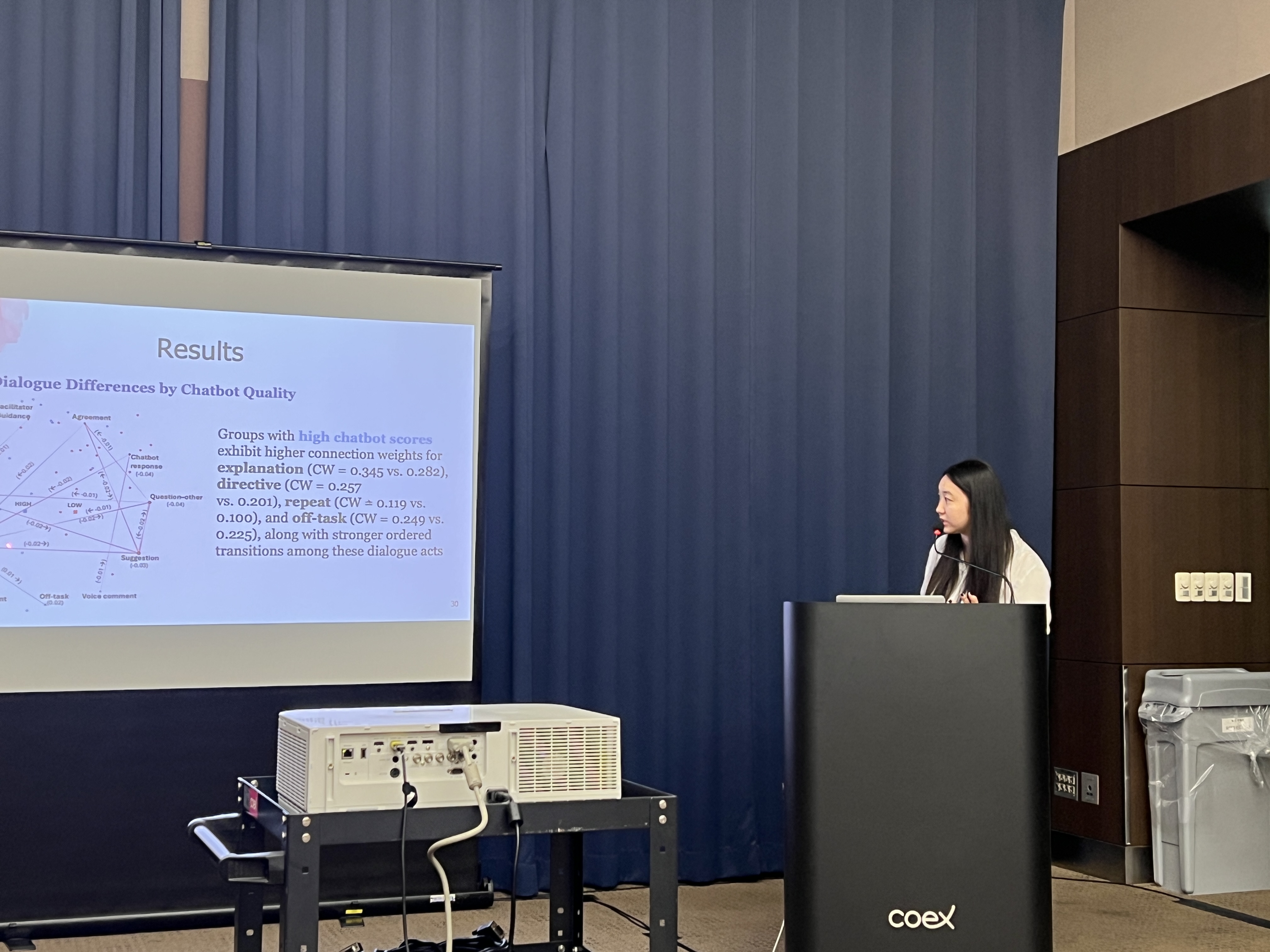 Shan Zhang presenting an ordered network analysis of collaborative AI chatbot development at AIED 2026