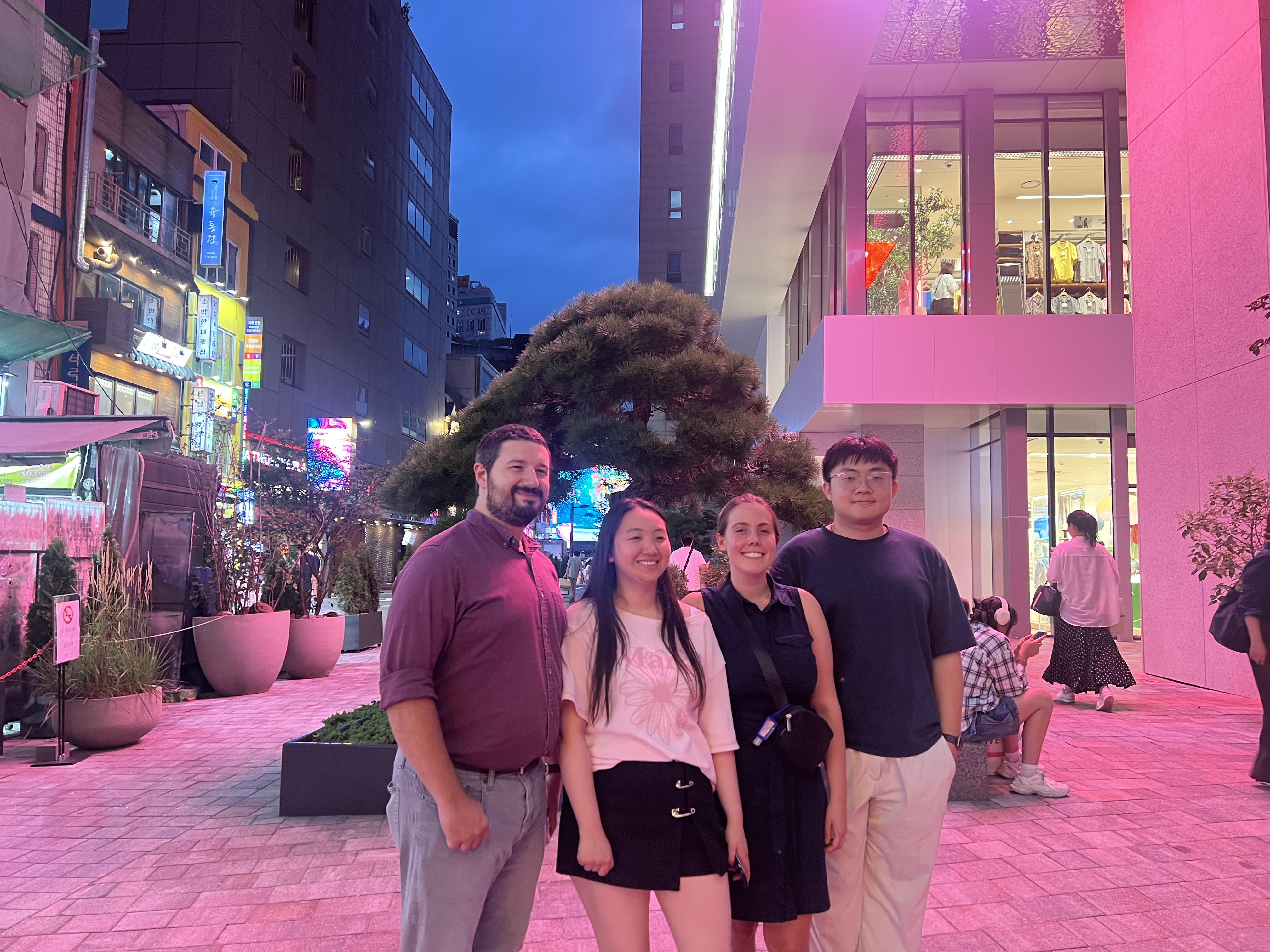 Anthony Botelho, Shan Zhang, Natalia Martin, and Chip Li together in Myeongdong, Seoul