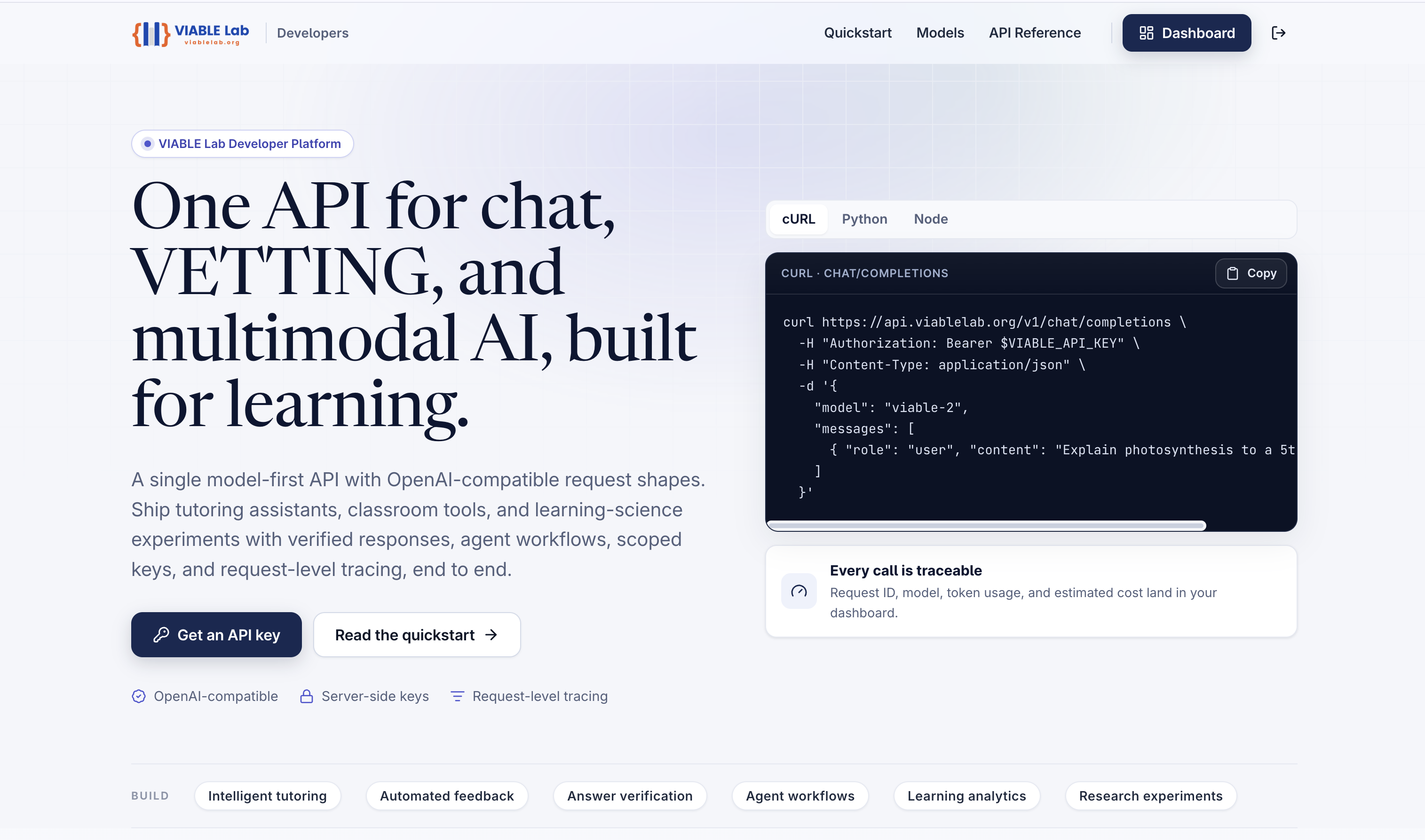VIABLE Lab Developer Platform homepage showing its unified API and developer workflow